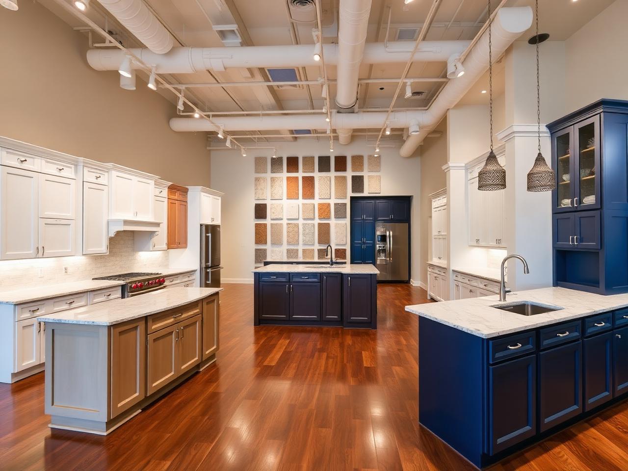 Edgewater Floors & Cabinets showroom with kitchen vignettes and material displays
